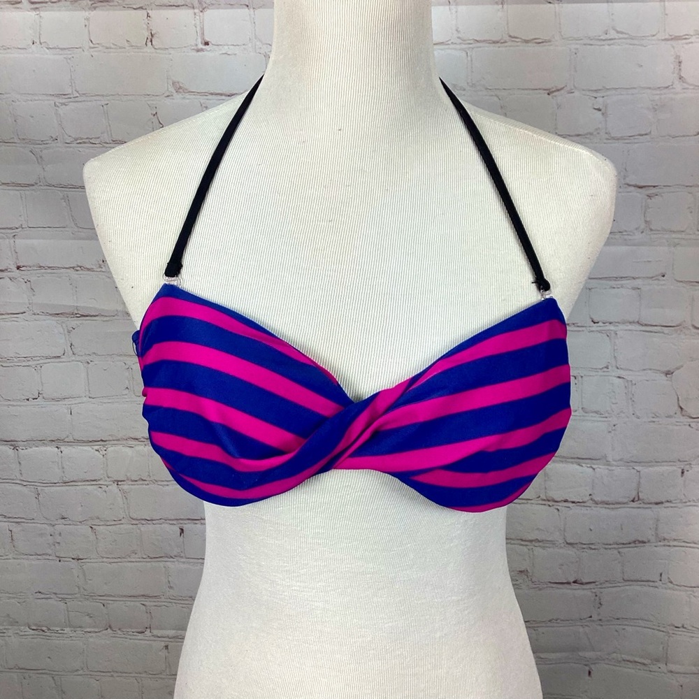 Hurley Bikini Top Women’s Size Medium Hot Pink Blue Twist Top Halter Tie Back